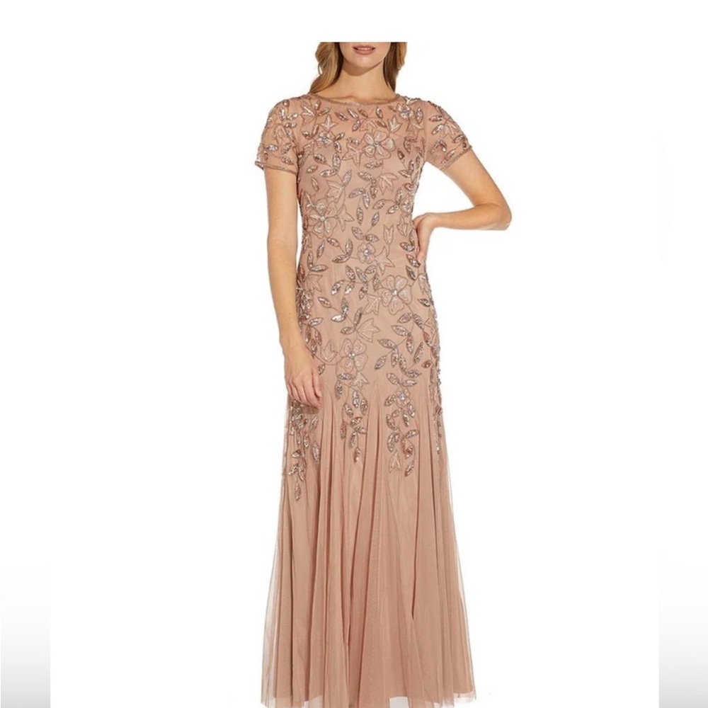 Adrianna Papell Beaded Rose Gold Gown SZ 10 NWT Rose Gold Sequin Tulle Formal - Picture 4 of 10